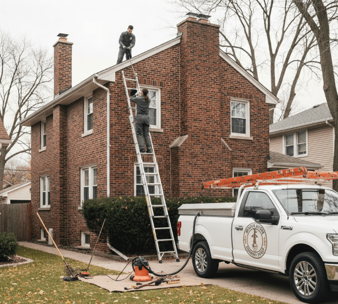 Professional chimney sweep technicians working on a Chicago home